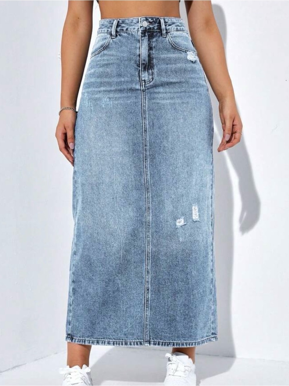 High-Waist Light Blue Denim Maxi Skirt